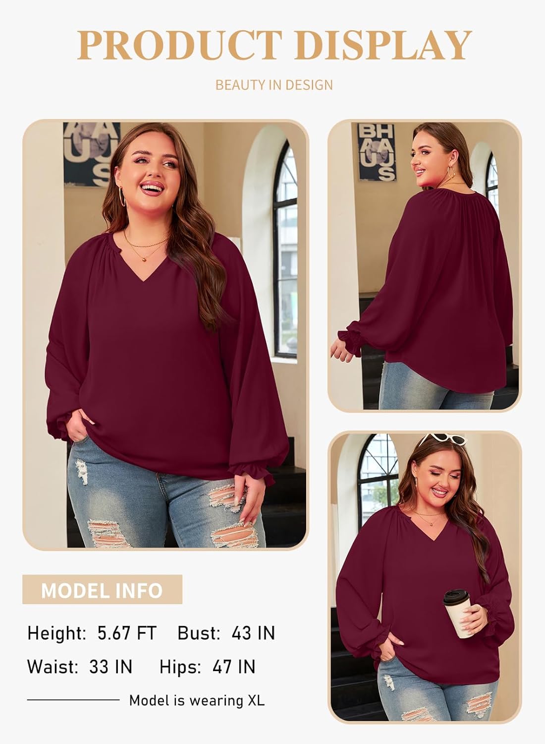 Eytino Womens Plus Size Tops Sexy V Neck Smocked Long Sleeve Casual Chiffon Blouse Flowy Work Shirts(1X-5X) - Image 3