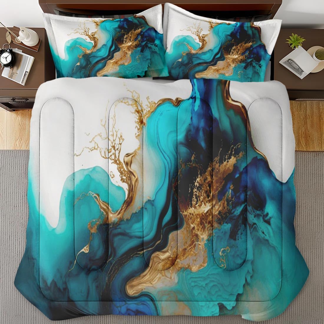 Mint Green Marble Gold Comforter Set King Size Teal Turquoise Blue Includes Comforter & Pillowcase Bedding for All Seasons Kids and Adults Bedroom Bed Decor - Image 6
