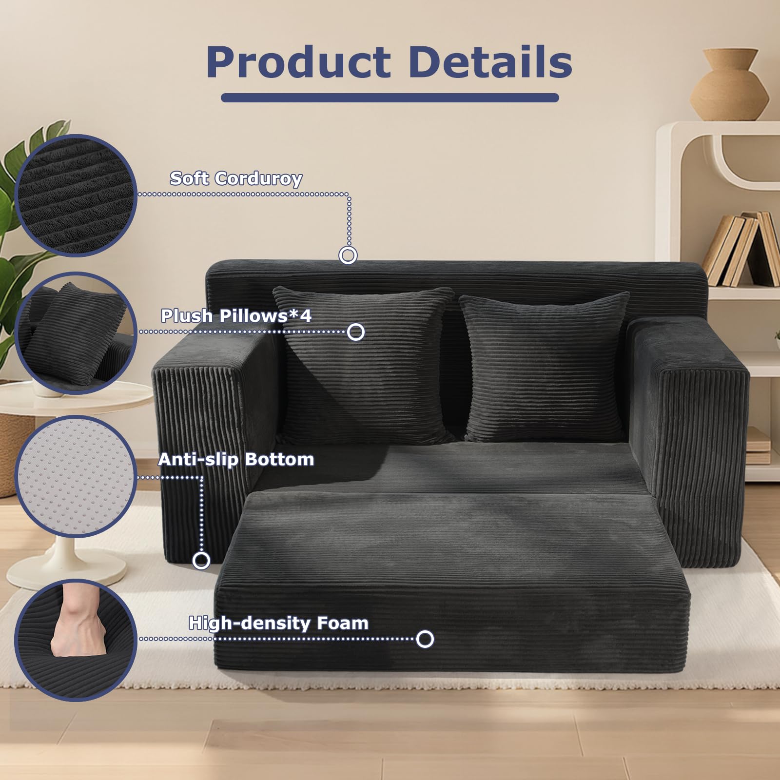 Convertible Sofa Bed, Boneless Couch Loveseat, 2 in 1 Folding Couch Bed, Fold Out Comfy Floor Futon Sofa with Pillows for Living Room Bedroom, Black