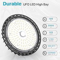 Vista 2 de HYPERLITE Luces LED High Bay de 100 W, 14,500 lm (145 lm/w) 5000 K, 1-10 V, regulable, cable de 5' con enchufe de 110 V, gancho de EE. UU., listado