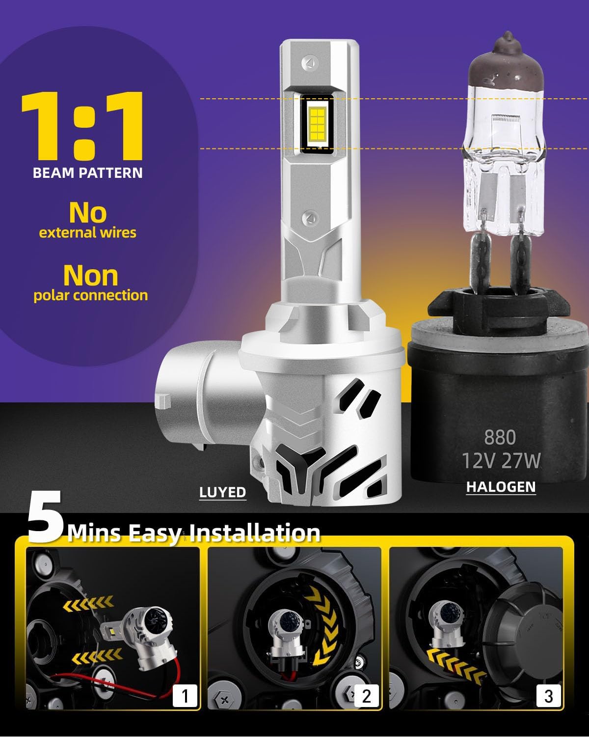 LUYED 880 LED Fog Light Bulbs, 24000LM 6500K Cool White Light, 400% Brighter, 7035 LED Chips, 885 893 Led Fog Lights,899 Fog Lights DRL Replacement for Cars, Pack of 2