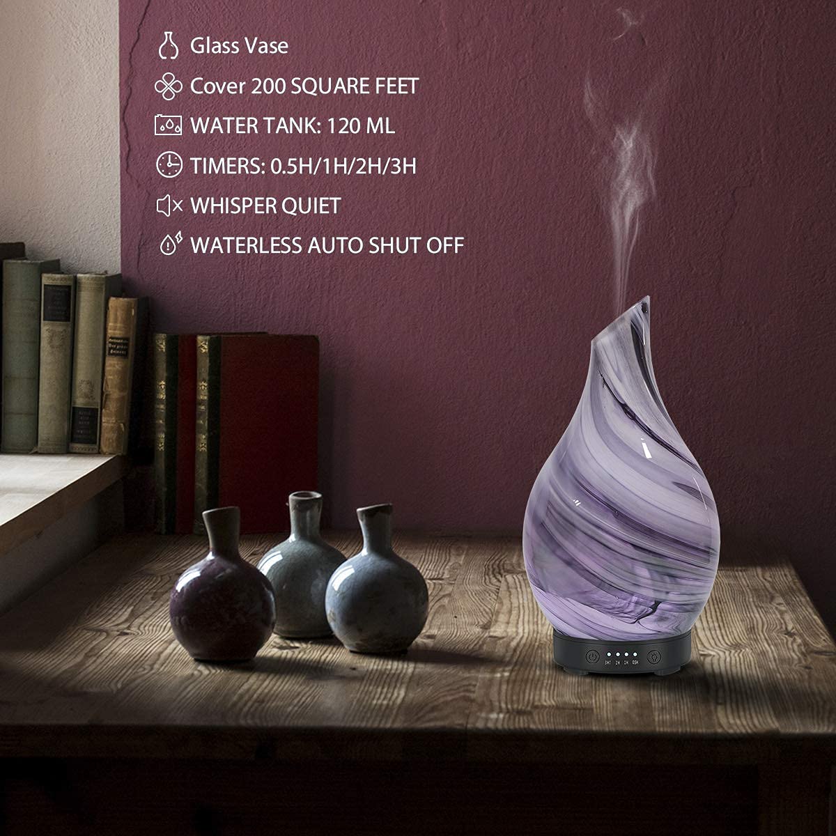 Essential Oil Diffuser 120ml Ultrasonic Aromatherapy Diffuser with Handmade Glass BPA Free Waterless Auto-Off, 4 Timer Setting 7 Colors Changed LED for Home Yoga Office (Ink Painting) : Health & Household