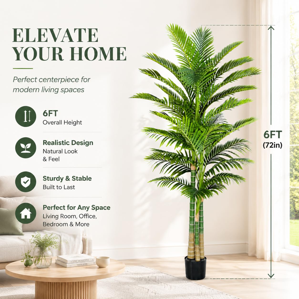 180cm Plantes Palmier Artificielles Interieur - Fausse Areca Plante en Noir Pot, Grande Arbre Artificielle, Fake Verte Plant pour Décoration d'Intérieur de Bureau ou Salon ou Maison
