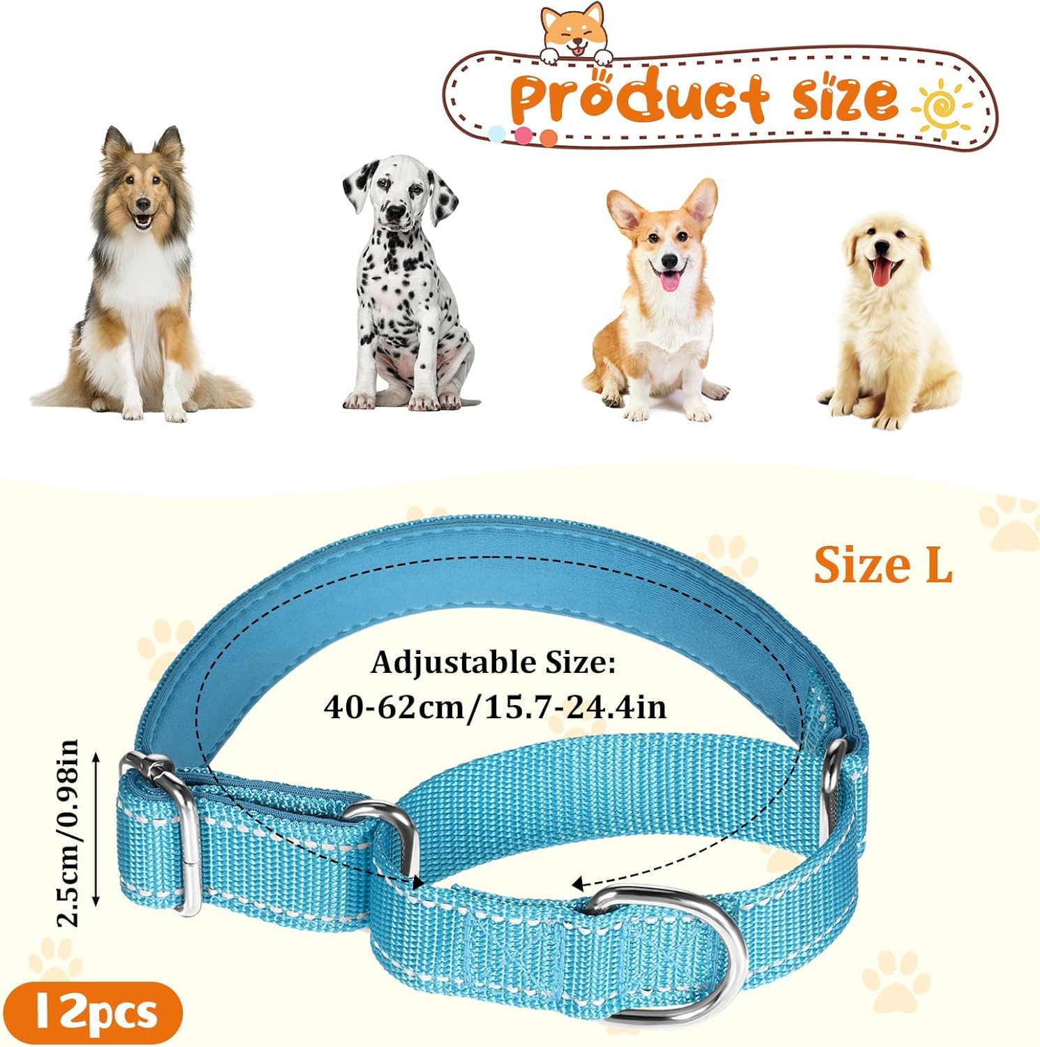 12 Pcs Martingale Collar for Medium Dogs Adjustable Pet Training Collar Reflective Dog Collar with Durable Metal Buckle Heavy Duty Nylon No Pull Martingale Collar for Small Medium Large Dogs, Large