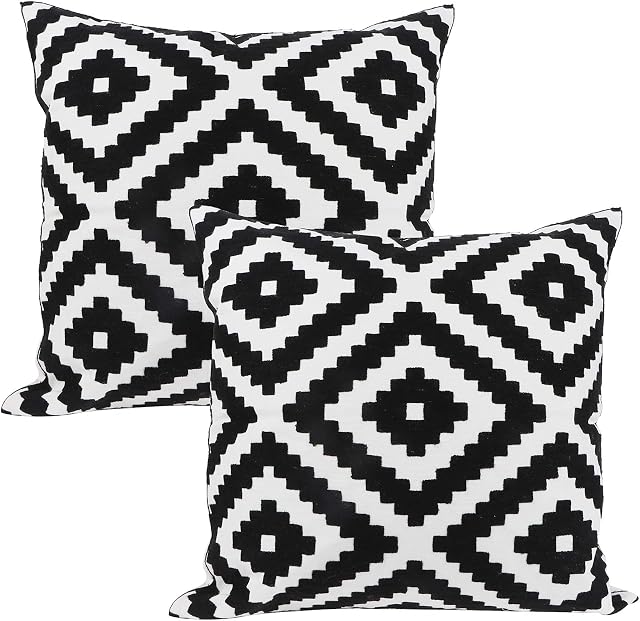 Poluka 2Pack Throw Pillow Covers 18x18 inches Simple Black White Geometric Pattern Pillowcase Decorative Embroideried Cushion Covers for Holiday Home Bedroom Car Sofa Couch Decor
