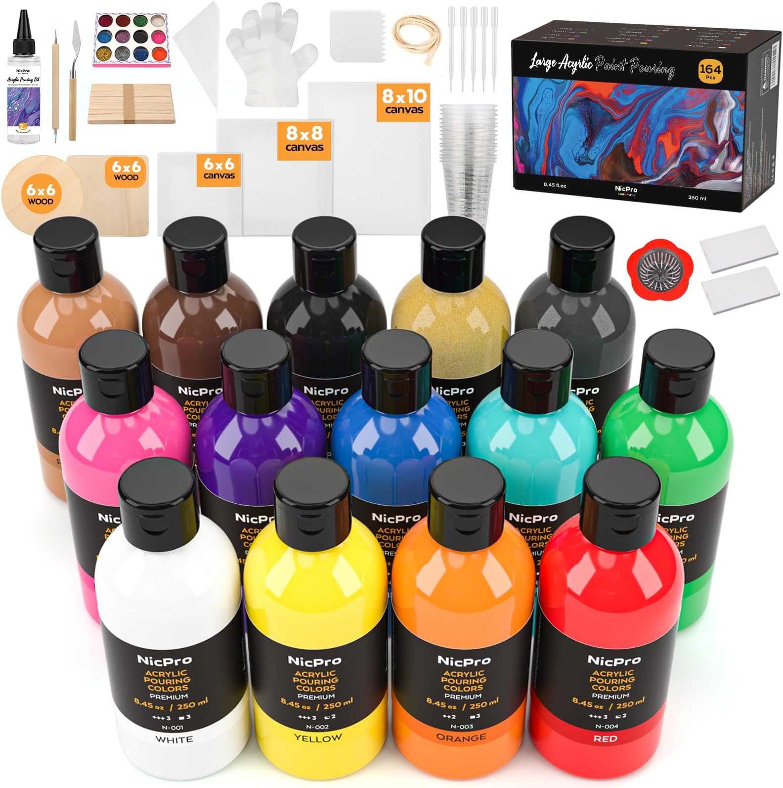 14 Colors Acrylic Pour Paint Supplies Kit (8.45oz/ 250ml), Premixed High Flow Painting Bulk Set with Canvas, Wood Natural Slices, Pouring Oil, Tools Gloves, Strainer, Cups for Beginner DIY