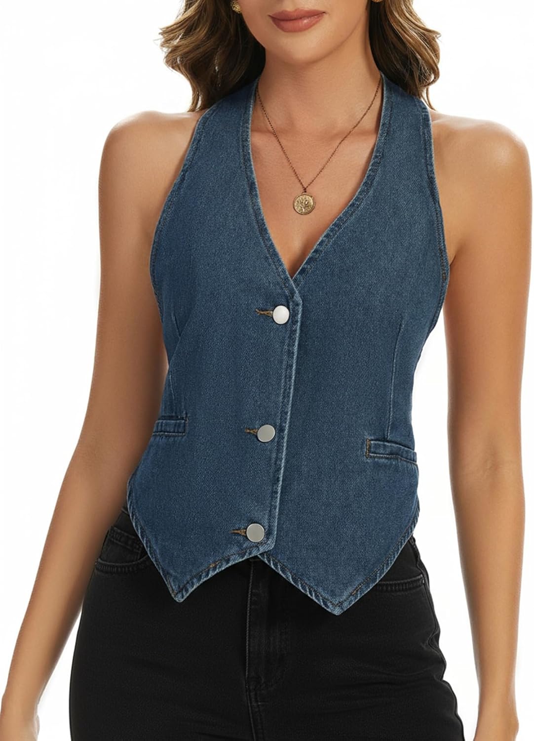 Ladyful Backless Denim Vest Top for Women Halter Jean Vest Sleeveless Tie Back Tops V Neck Western Waistcoat - Image 4