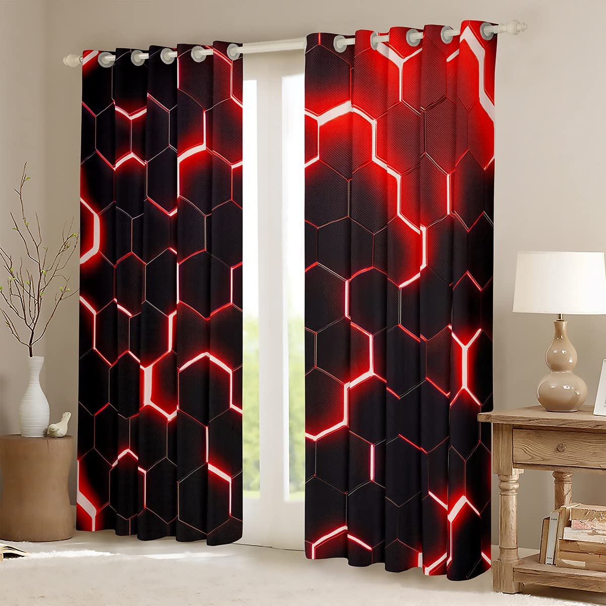 Homewish Honeycomb Kids 30%-50% Blackout Curtains for Living Room Geometric Boys Curtains for Bedroom Glitter Hexagon Window Curtain for Teen Men Red Black Curtains & Drapes 46" Wx72 L - Image 2