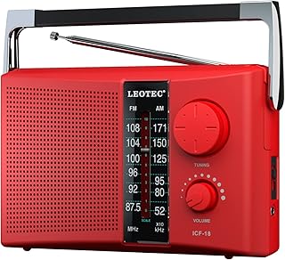 LEOTEC Portable AM FM Radio with Best Reception AC & Battery Operated Big Speaker,Large Tuning Knob,Clear Dial,Earphone Jack for Gift (Red)