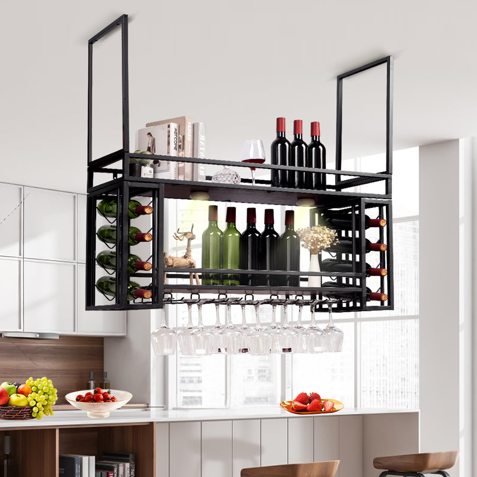 Casier à vin suspendu mural industriel à 2 couches avec support en verre pour bouteilles