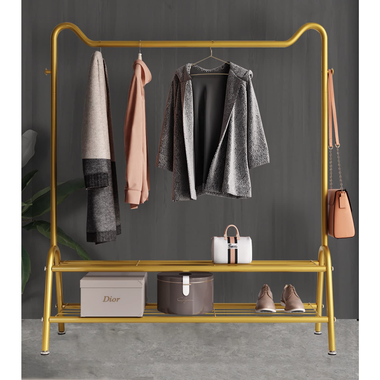 YNBSHGAA Freestanding Clothes Rail Garment Hanger Coat Drying Rack with 2 Tier Storage Shelf Gold 125cm,Gold-150Cm