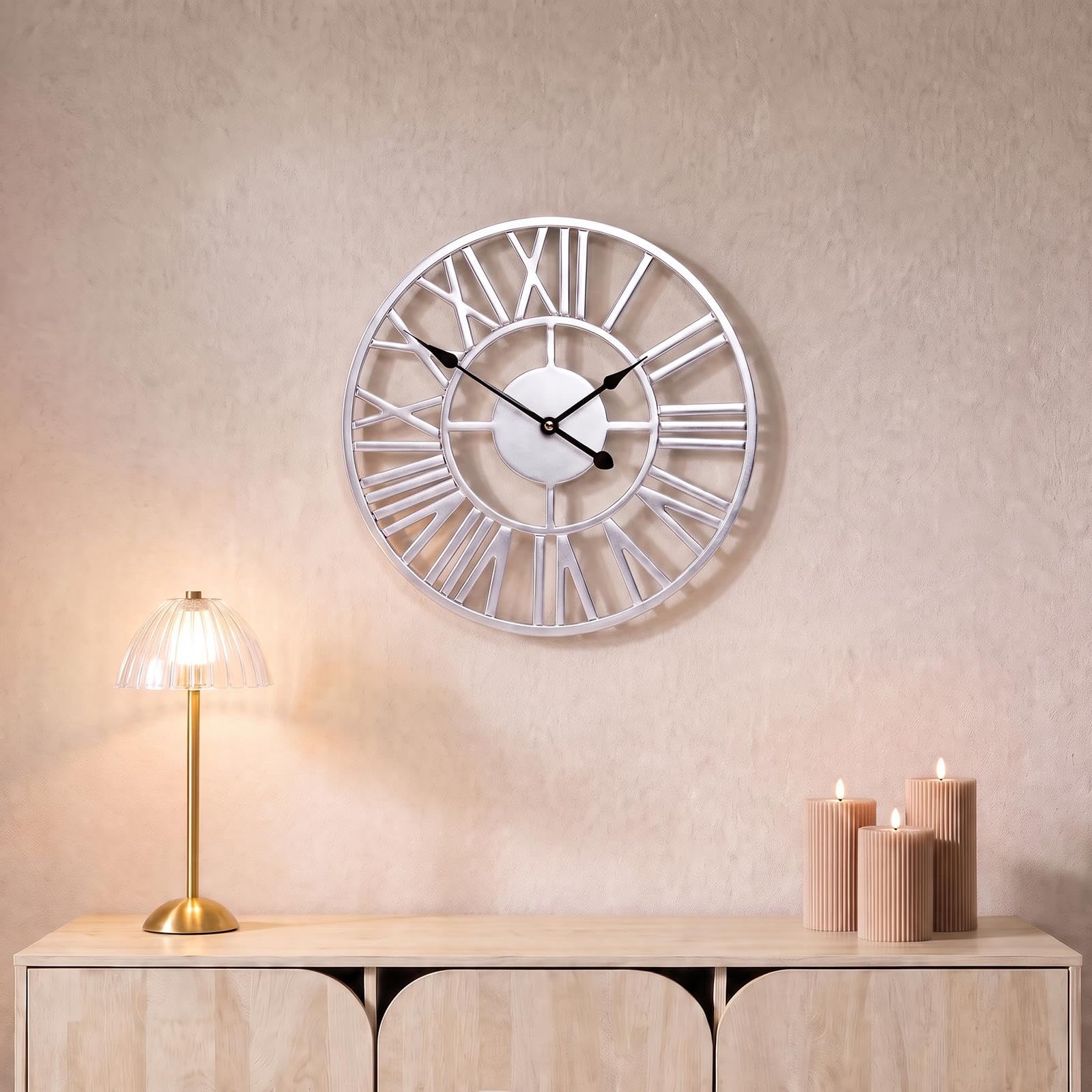 OHS Silver Wall Clock Small Metal Skeleton Clock Roman Numerals, 30cm