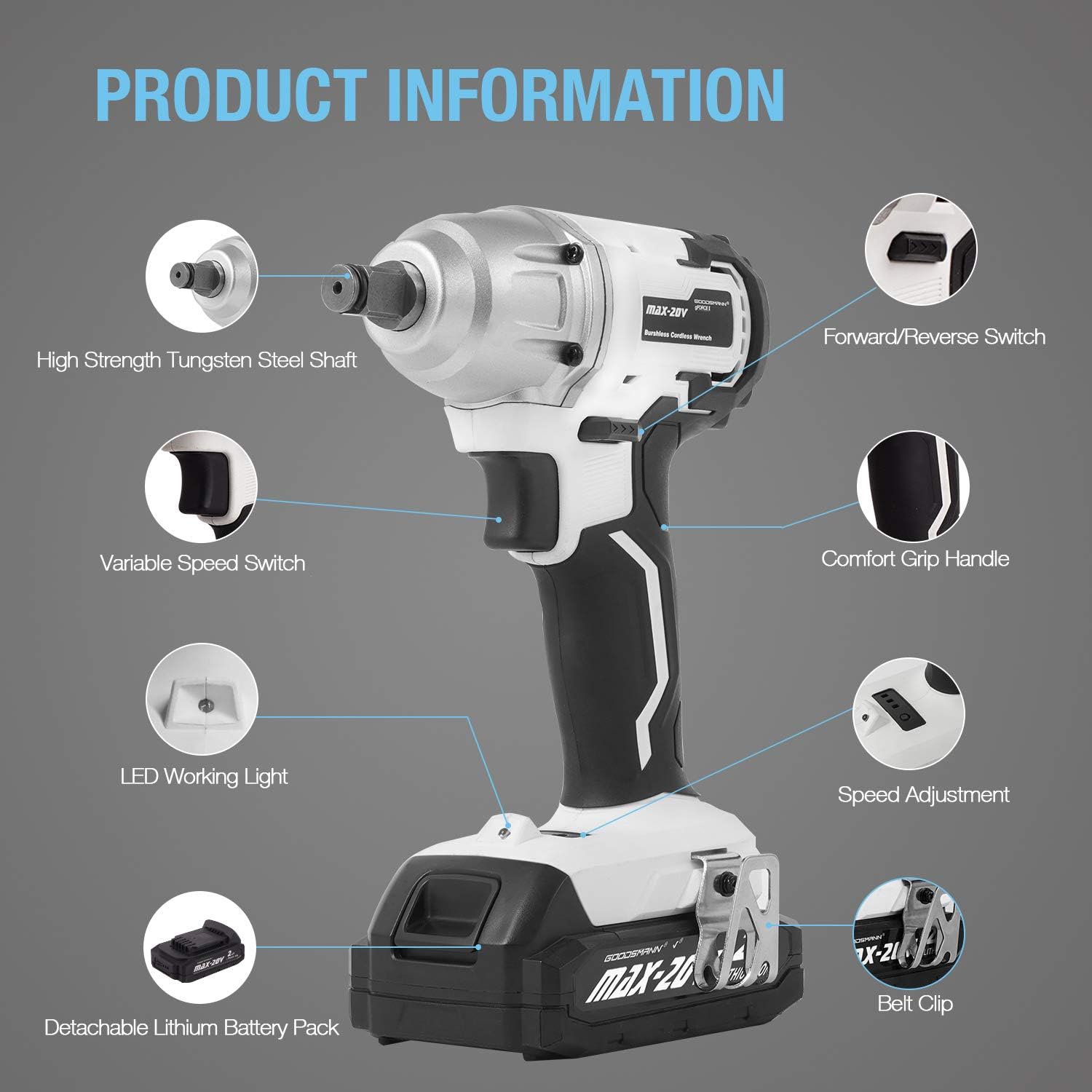 GOODSMANN Brushless Impact Cordless Wrench 1/2 Inch Detent Anvil 20V 2.0 Ah Battery with Fast Charger Belt Clip Portable Box 9904-B202-01