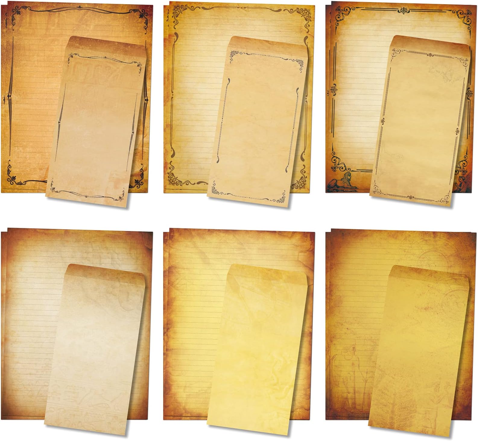 Realistic Parchment Stationery Paper Envelope Set, 48 Pieces Lined Writing Stationary 8.5" x 11" with 24Pcs Self-Sealing Envelopes, Printer Friendly, 6 Antique Vintage Design Aged Old Looking