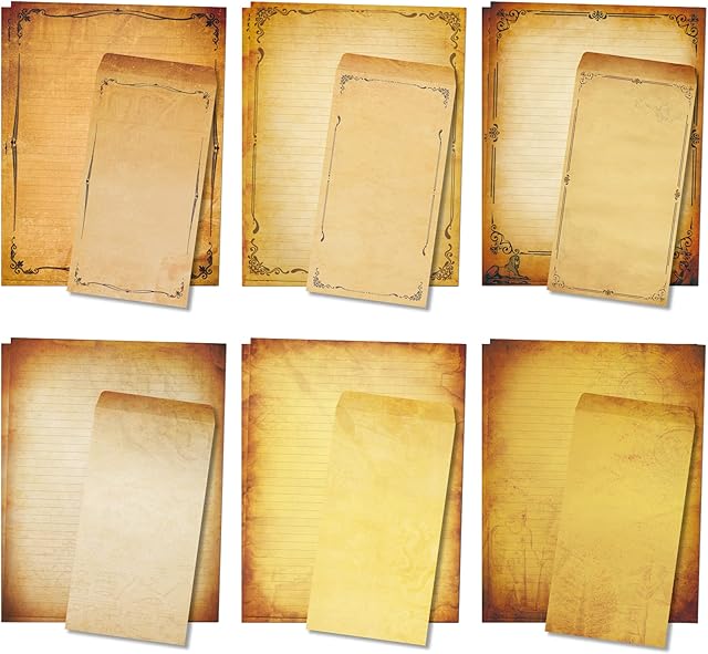 Realistic Parchment Stationery Paper Envelope Set, 48 Pieces Lined Writing Stationary 8.5" x 11" with 24Pcs Self-Sealing Envelopes, Printer Friendly, 6 Antique Vintage Design Aged Old Looking