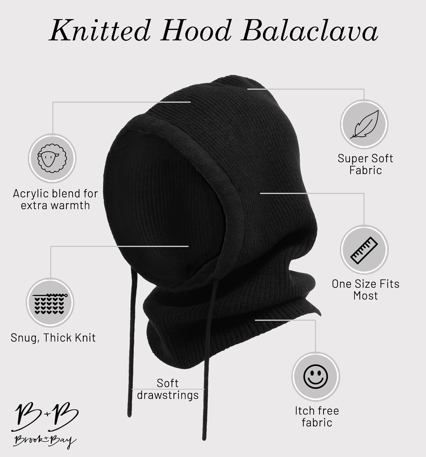 Brook + Bay Knitted Hooded Scarf - Knit Balaclava Hood Scarf for Women Winter - Stylish Hooded Hat, Neck Warmer Black - Image 2