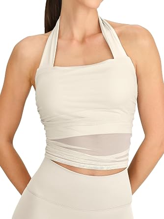 BERLOOK Womens Halter Tank Tops with Built in Bras Buttery Longline Mesh Workout Yoga Sleeveless Gym Tops