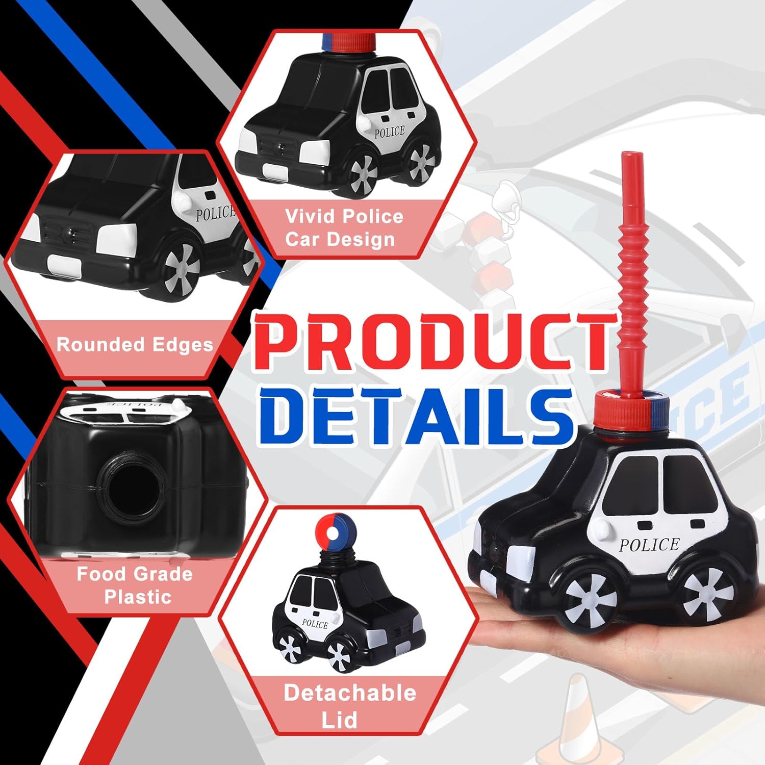 Tanlade 24 Set Police Car Cups with Straws, Police Birthday Party Decoration for Kids,10oz Plastic Transportation Shape Cup Reusable Traffic Vehicle Birthday Party Favor for Car