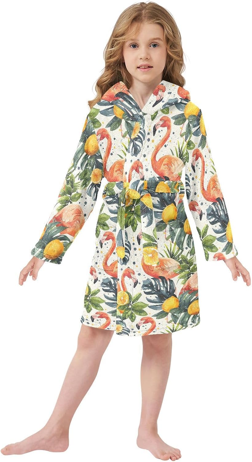 senya Pink Flamingo Lemon Toddler Hooded Bathrobe Kids Soft Plush Bath Towel Robes for Boys Girls 2-12 Years