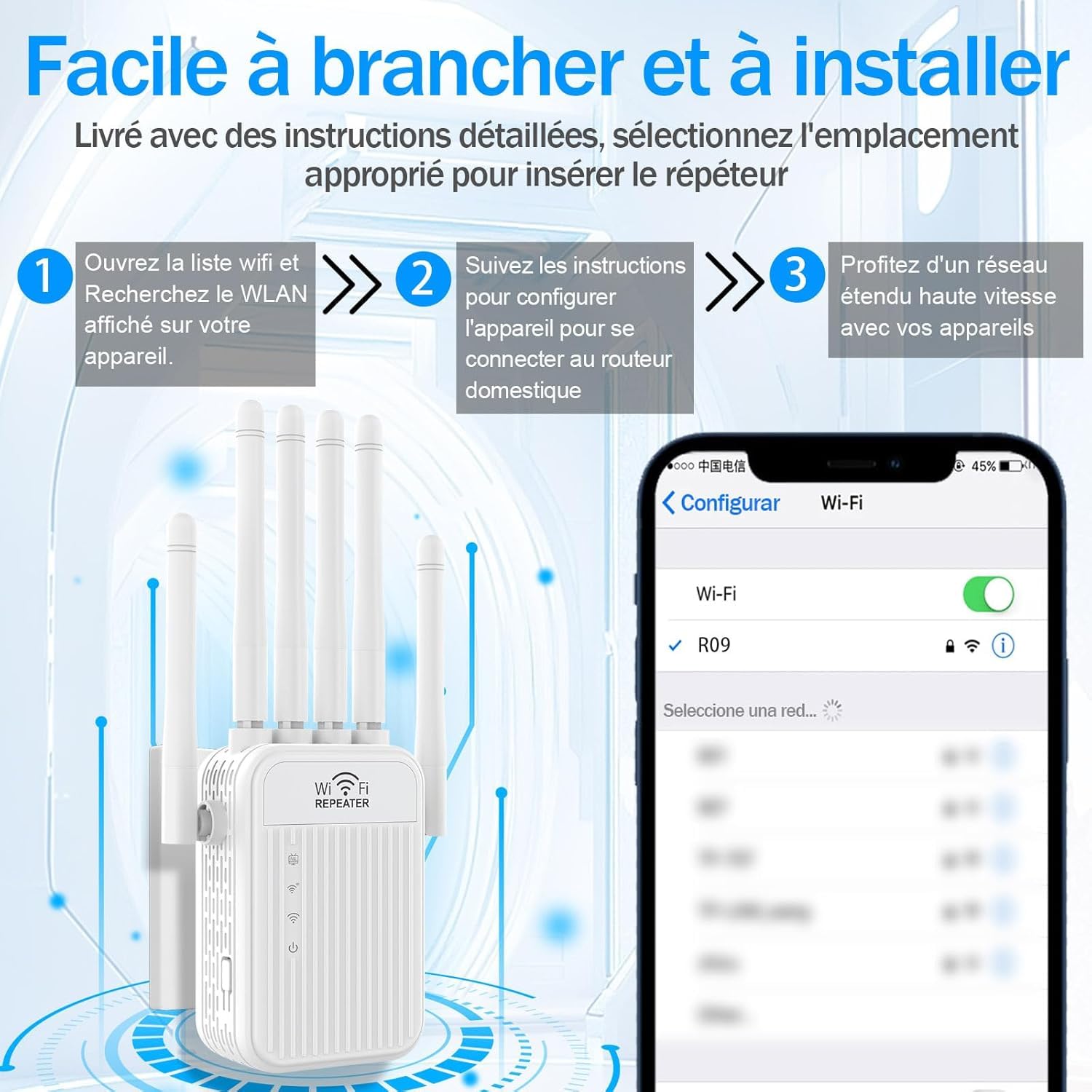 Répéteur WiFi,Amplificateur WiFi,repeteur WiFi Puissant avec 6 Antennes Puissantes,2 Ports LAN,Mode Répéteur & Routeur & AP,repeteur WiFi Exterieur Couverture WiFi de 1200 m²,Facile à Installer