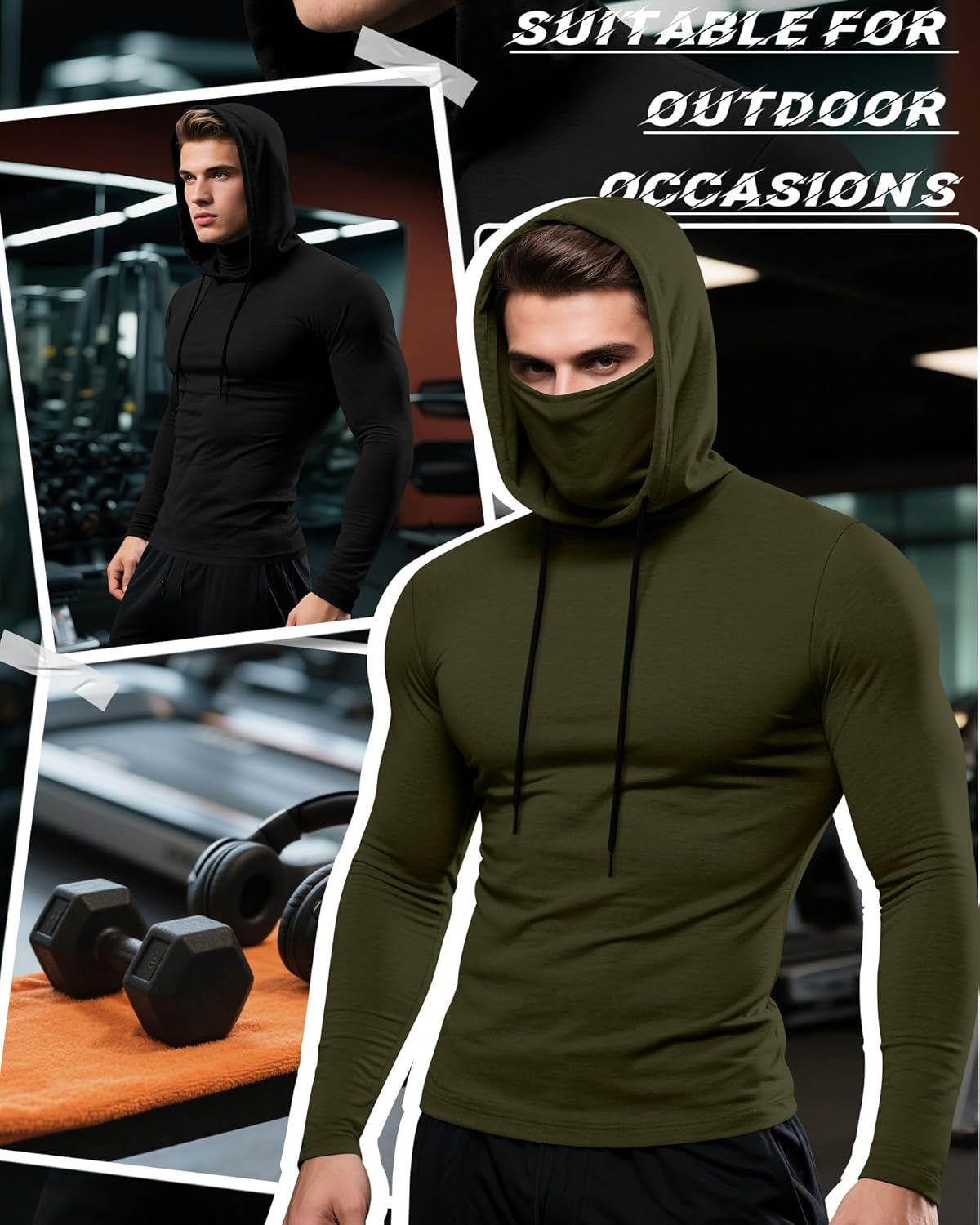 3 Pack Men's Sports Hoodies with Mask Compression Long Sleeve Thermal Shirts Base Layer Tees Running Pullover - Image 4