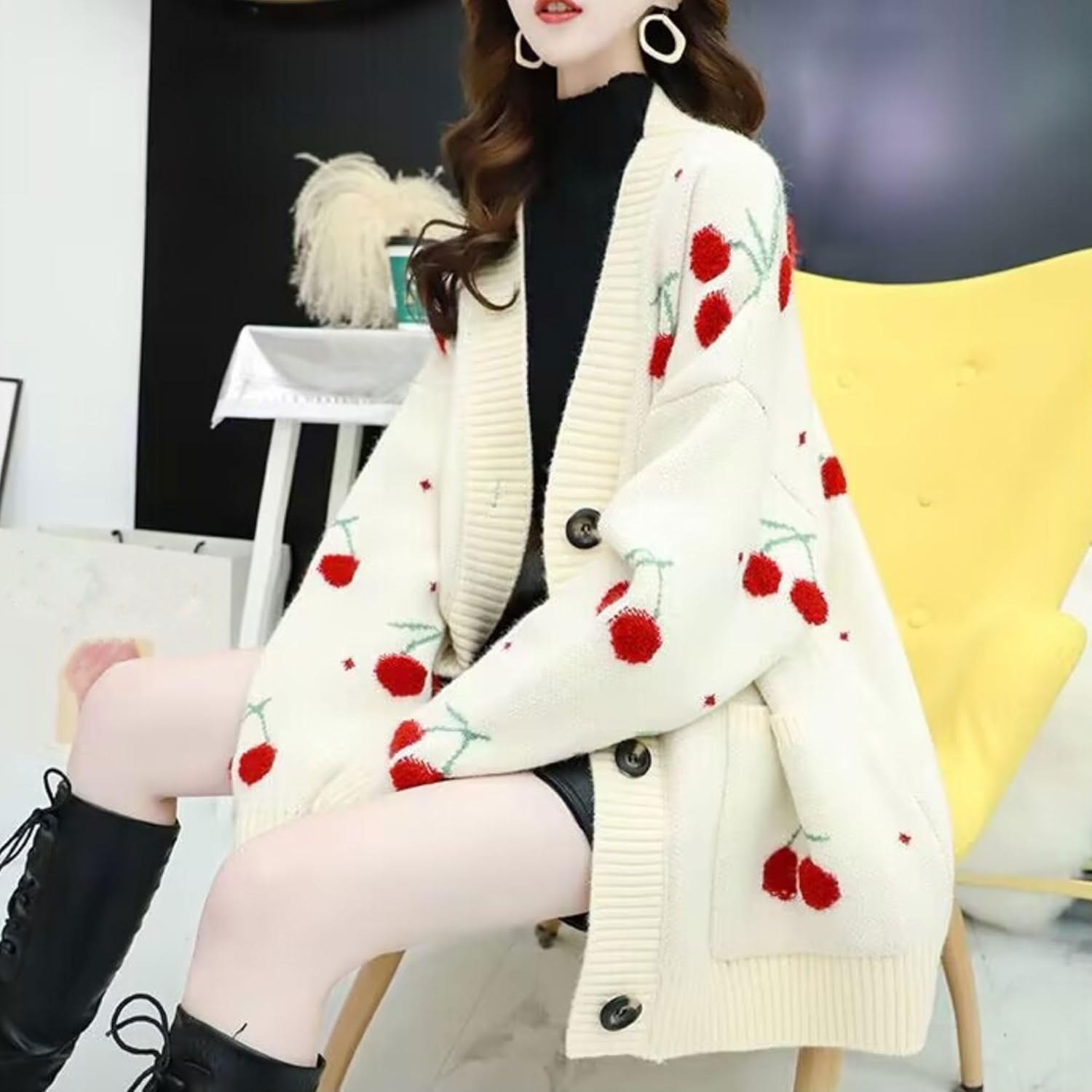 FindThy Women’s Fuzzy Cherry Knitted Cardigan Long Sleeve Button Up Kawaii Cardigans Tops - Image 2