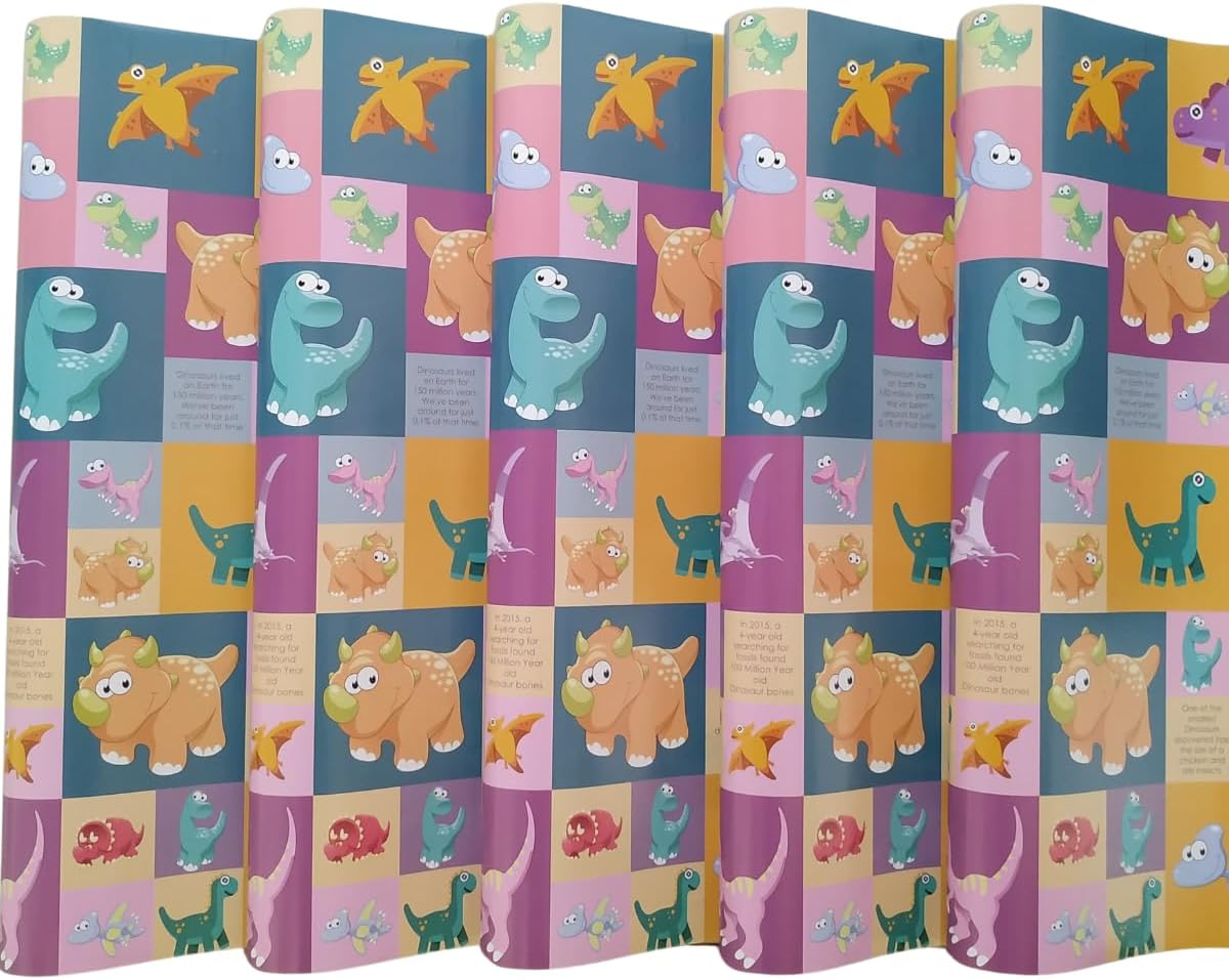 eVincE - thoughtful PRESENTations Premium Design Colorful Wrapping Paper Sheet For Gift Packing For All Occasions|20" X 28"|80 Gsm|Gloss Art Paper|Set Of 5 - Dinosaur Kids Birthday, Multicolor