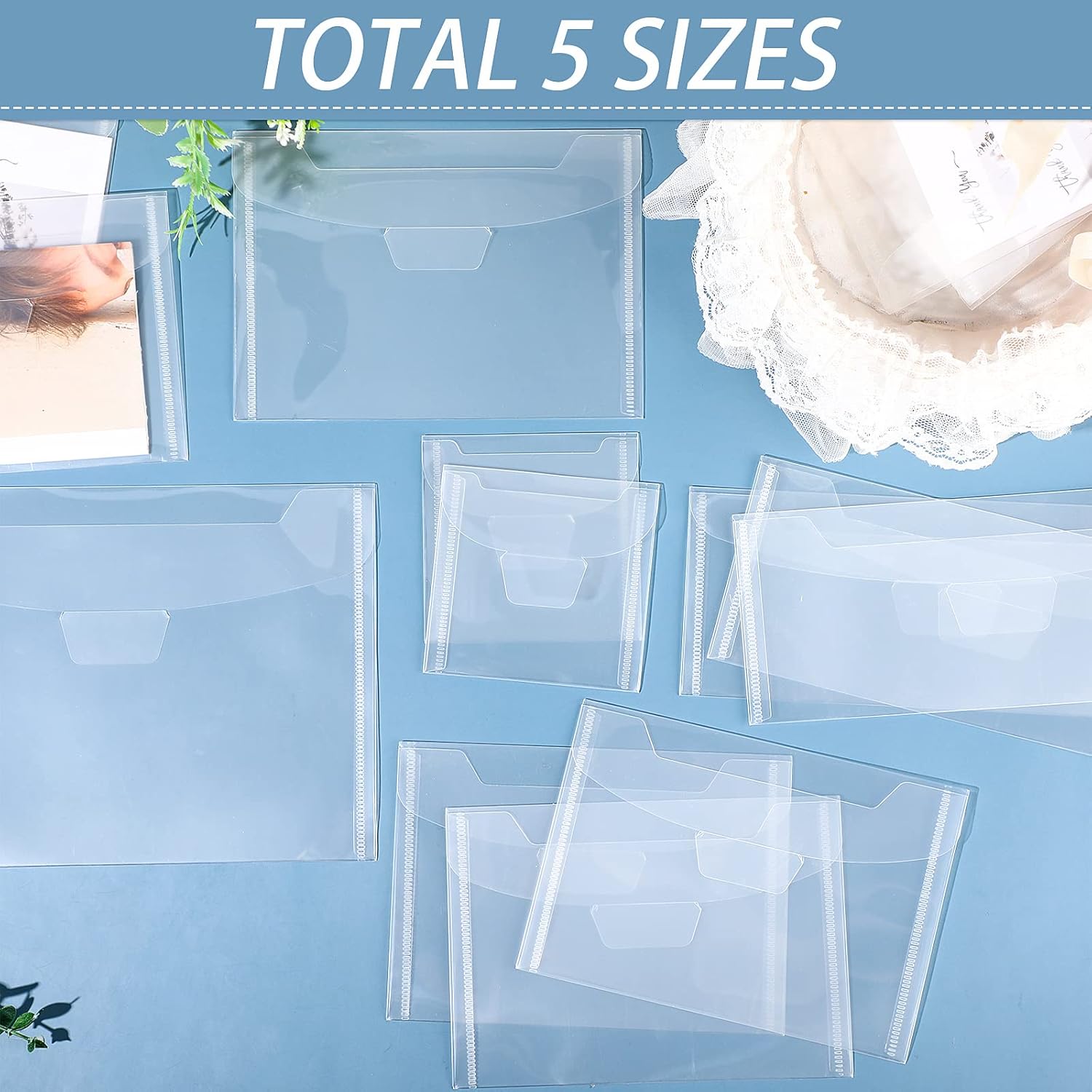 Fumete 60 Pcs Plastic Stamp and Die Storage Bag 5 Sizes Clear Scrapbooking Storage Envelopes Die Cuts Pockets for Craft Cutting Stencil Stamp Paper Card Organizer(No Includ Magnet) - Image 6