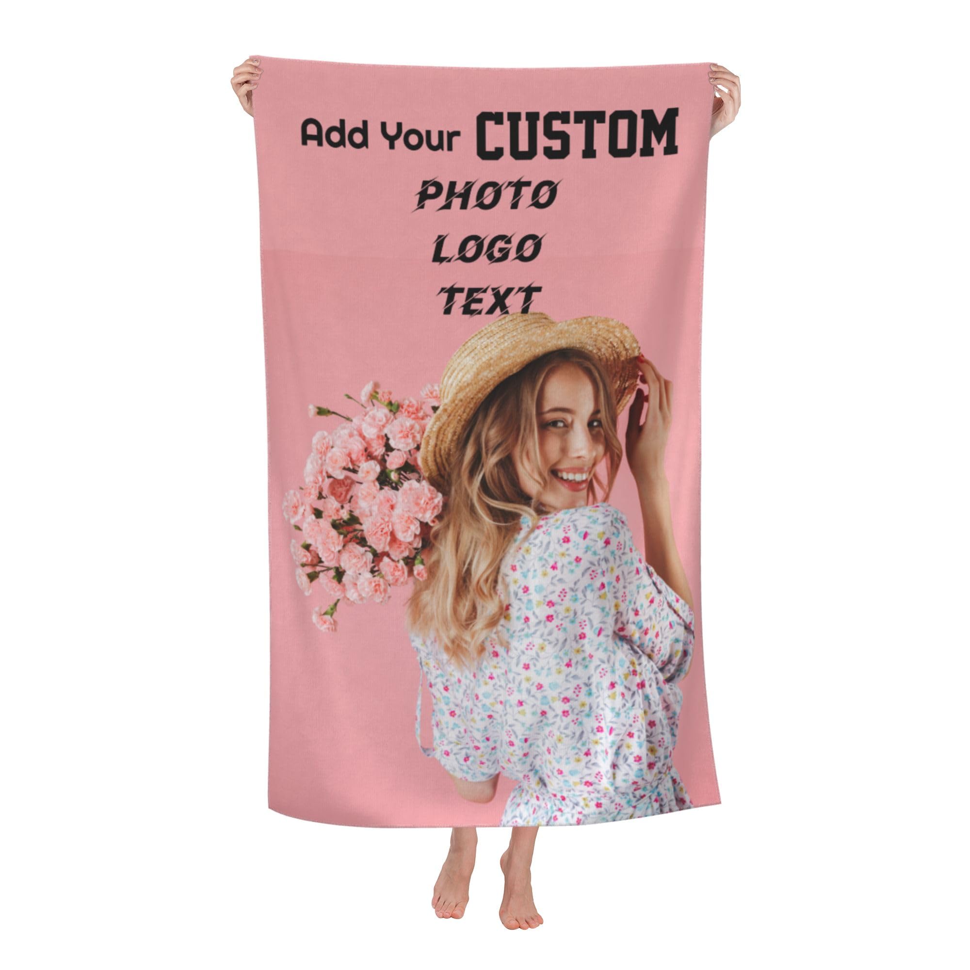 Personalised Beach Towels with Photo & Text, Custom Bath Towel for Adults Teens, Extra Large 80x130cm Swimming Towels, Customised Oversized Soft Microfiber Bathroom Towels for Travel Hotel Camping