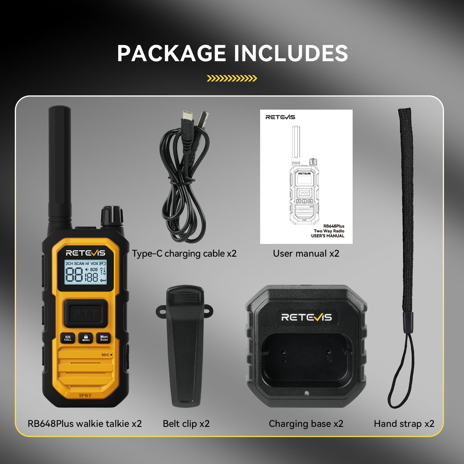 Retevis RB648 Plus Talkie Walkie Longue Portée, Radio Bidirectionnelle Étanche IP67, 2000mAh, Alarme d'urgence, Talkie-Walkie Professionnel de Mise à Niveau pour Le Camping (2 Pièces, Jaune)