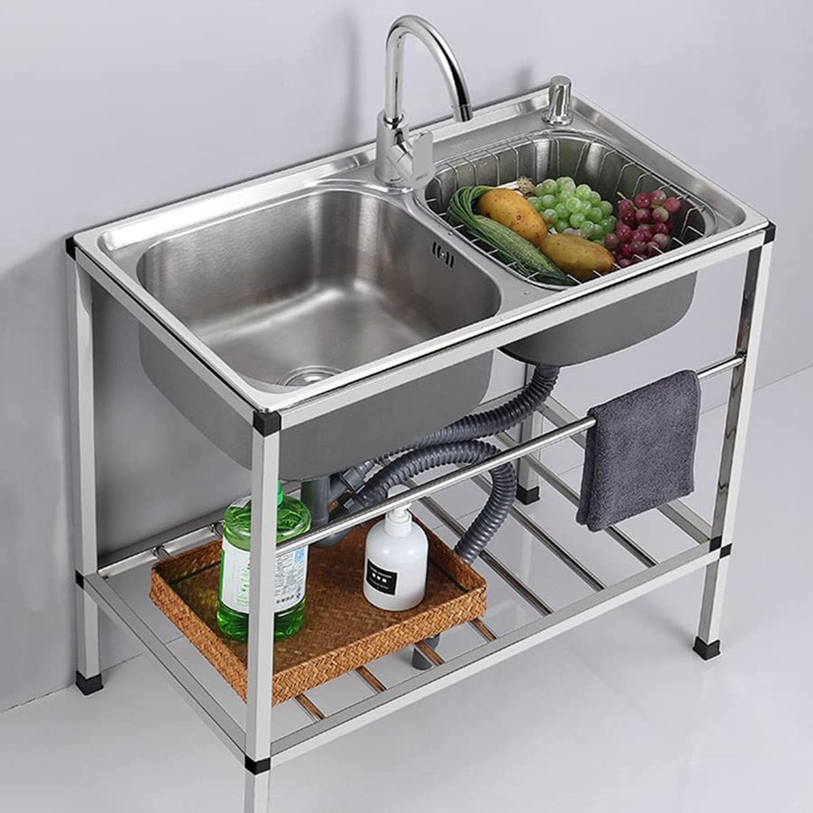 LMYSXAOZ Commercial Stainless Steel Utility Sink Free-Standing Double Bowl Kitchen Sinks with Faucet and Drain Strainer Set