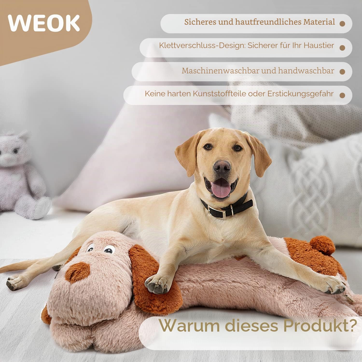 WEOK Heartbeat Welpe Plüsch Hundespielzeug, Welpe Herzschlag Stofftier für Hunde Angst Linderung Verhalten Hilfe Spielzeug (Brown +Big)