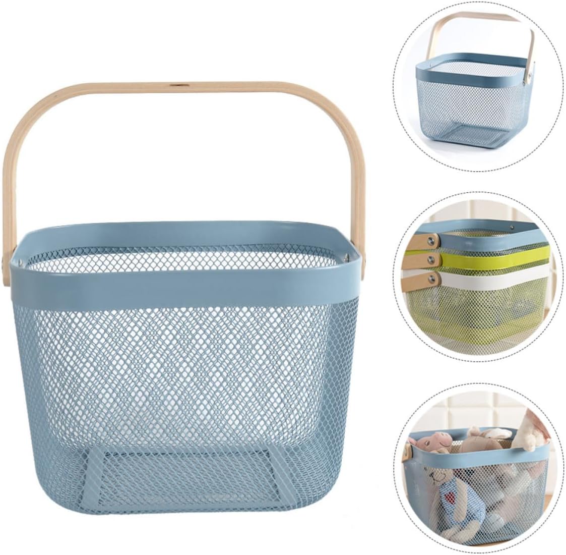 Toyvian Blue Plastic Net Basket with Wood Handles for Home Storage