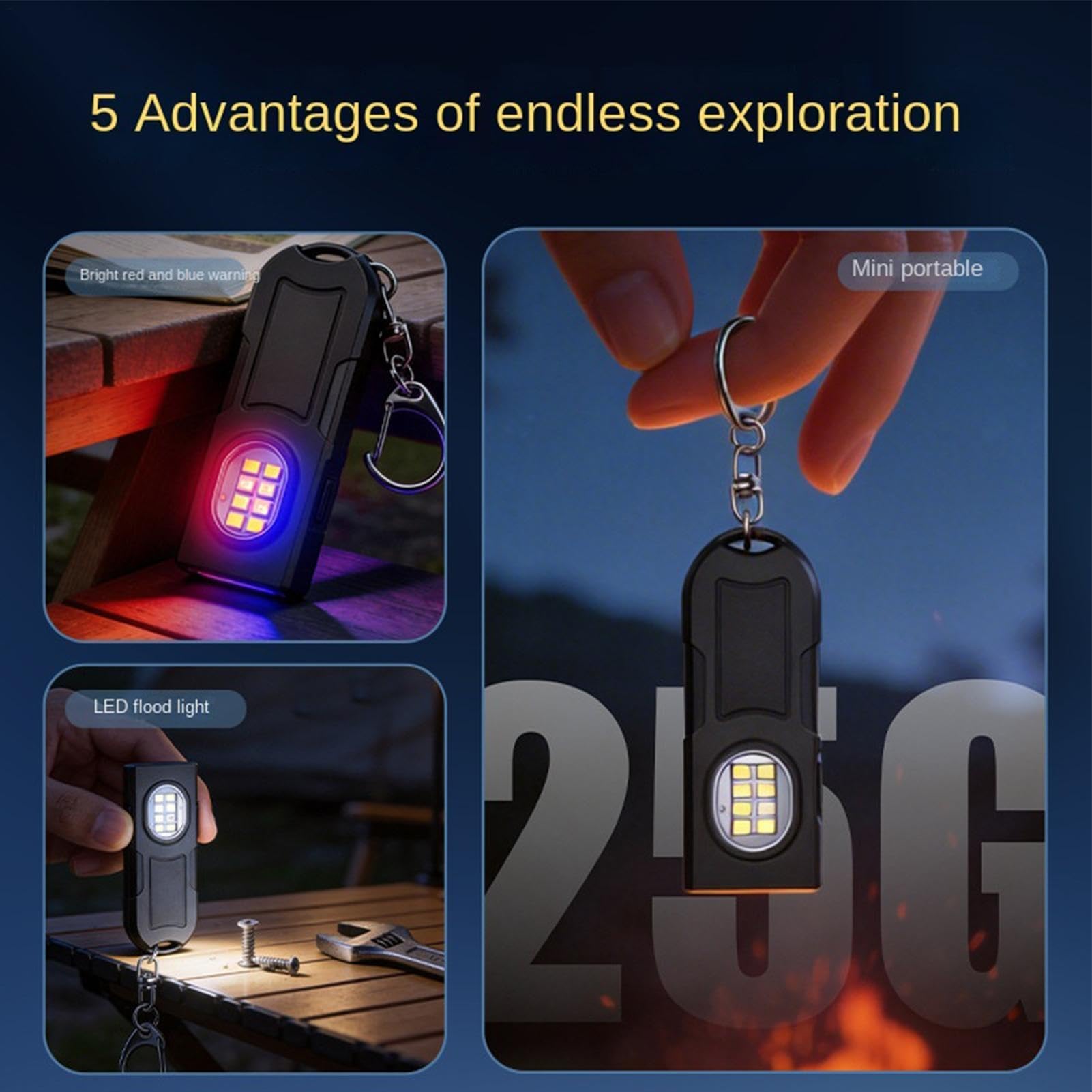Torcia portachiavi impermeabile, portatile, con 5 modalità di illuminazione, torcia magnetica ricaricabile per campeggio, viaggi, esterni, casa, garage