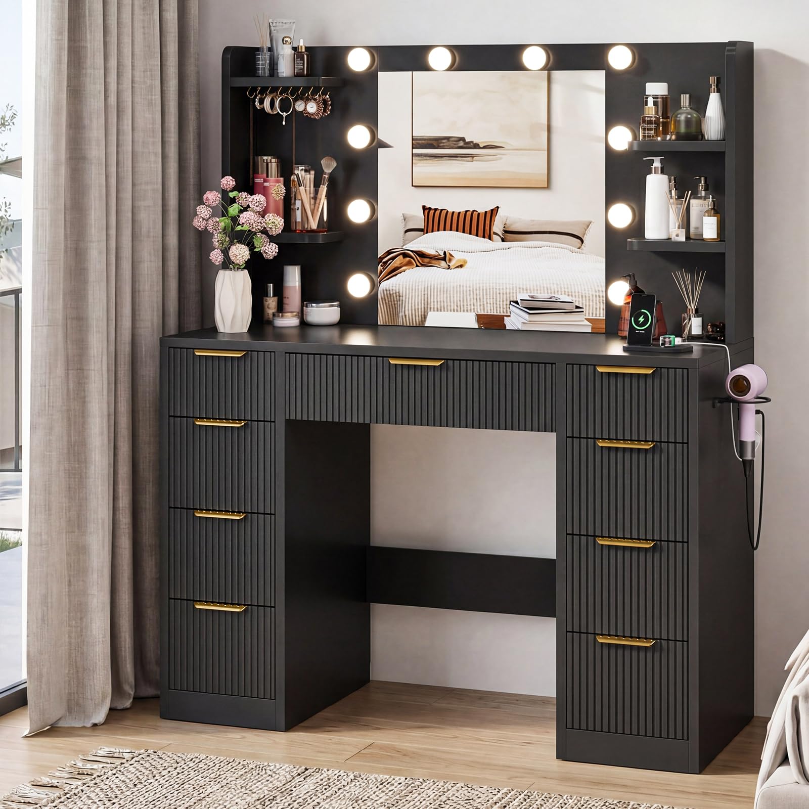 Devoko Mobile da Trucco Moderno con Illuminazione e Presa - Grande Comodino con Specchio, 9 Cassetti e Porta Phon, Tavolo Vanity per il Make-up (Nero)