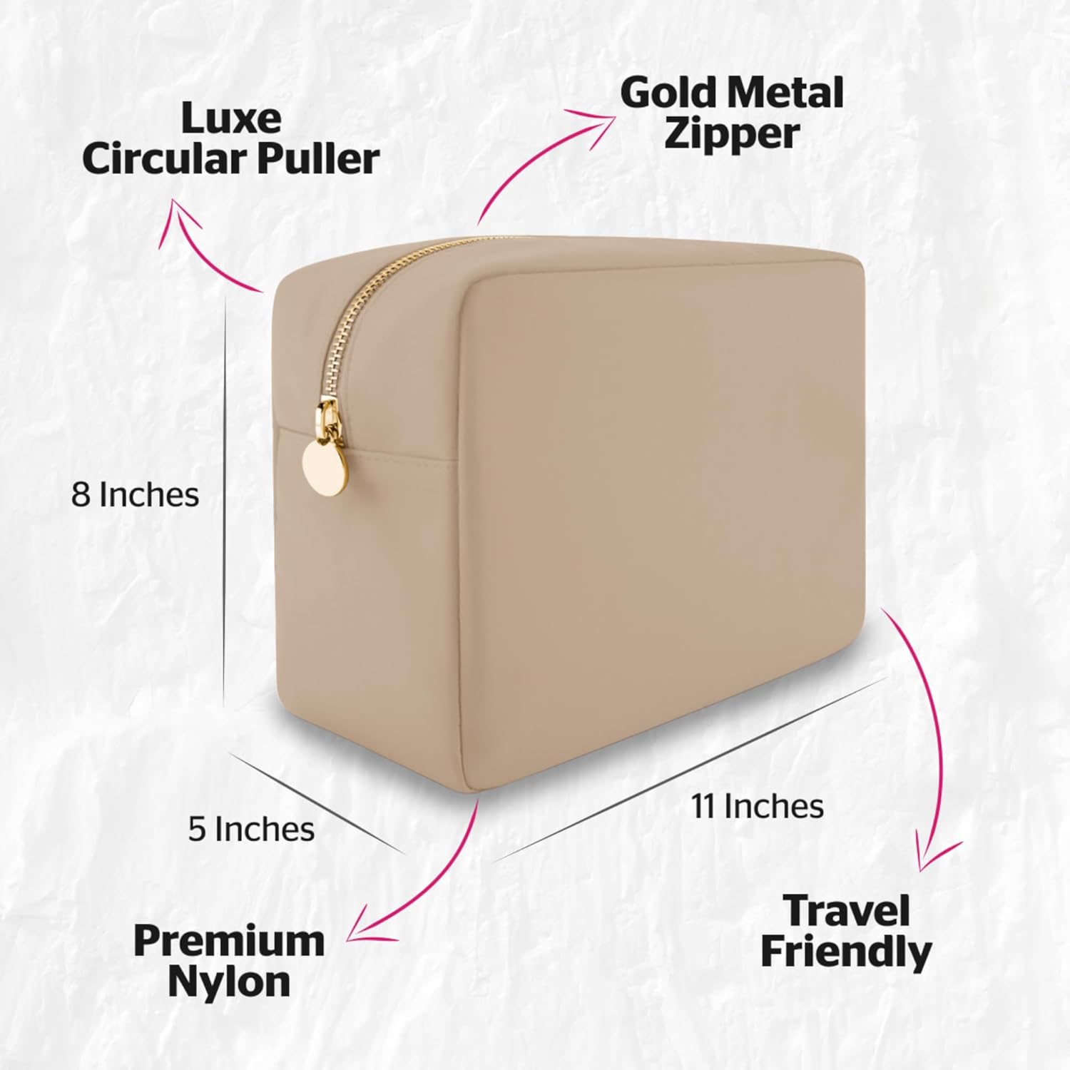 DANCOUR Large Beige Makeup Bag – Nylon Cosmetic Pouch, Travel Makeup Organizer, Toiletry Bag for Women, Spacious Makeup Case for Cosmetics & Essentials