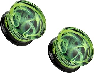 Green Swirling Smoke Glass Double Flared Plugs, Sold as a Pair