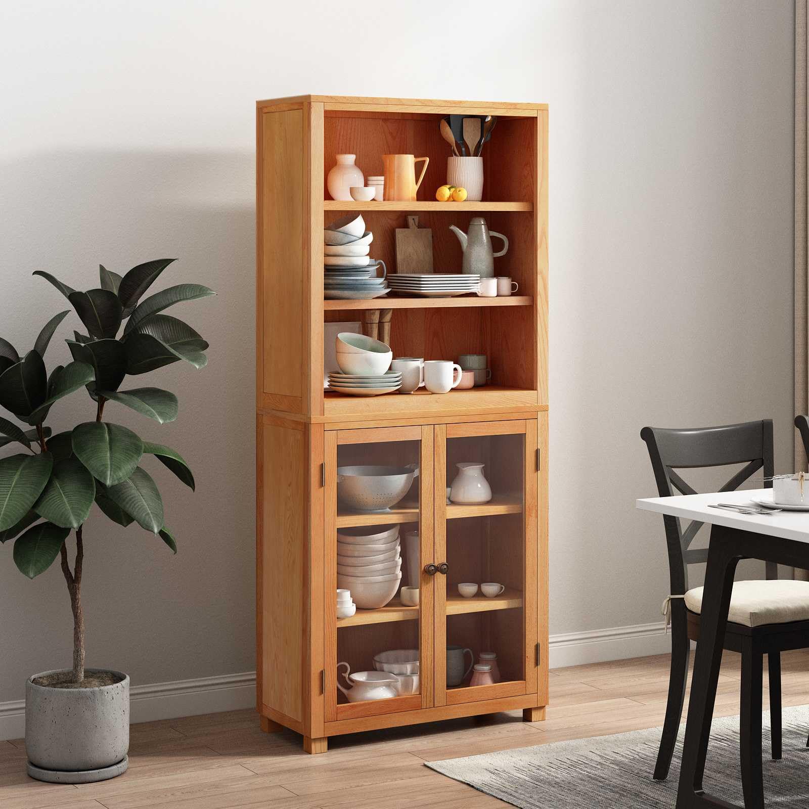 Set di mobili portaoggetti in rovere massello con 2 ripiani, 80 x 35 x 185 cm, 4 ripiani, 2 ante in vetro, per soggiorno, camera da letto, ufficio