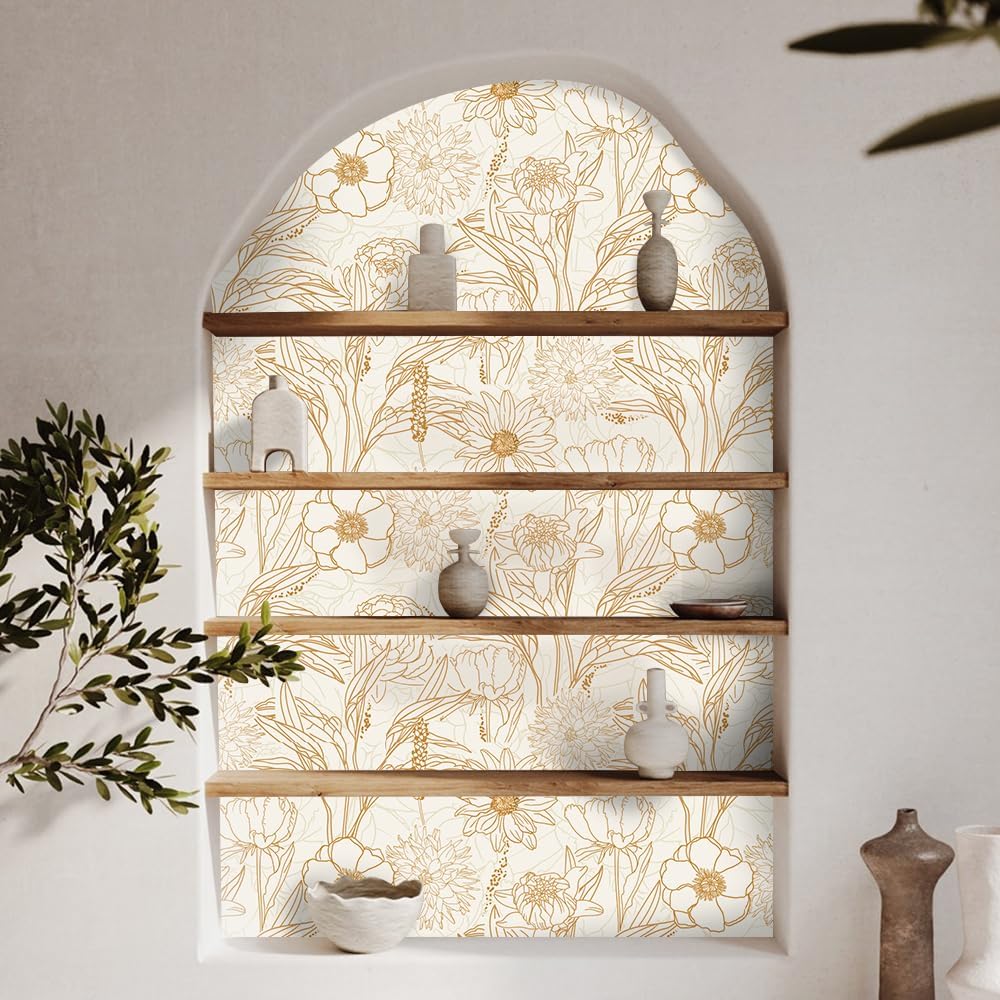 17.7"x118" Vintage Gold Flowers Wallpaper 3D Lily Daisy Flower Wallpaper Self Adhesive Watercolor Blooming Floral Contact Paper Wall Paper Murals for Bedroom Living Room TV Sofa Background Home