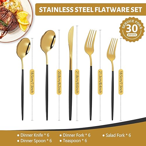 Miniatura 2 de Juego de cubiertos negros y dorados de 30 piezas, acero inoxidable para 6, incluye cuchillo, tenedor, cuchara, pulido con espejo, juegos de