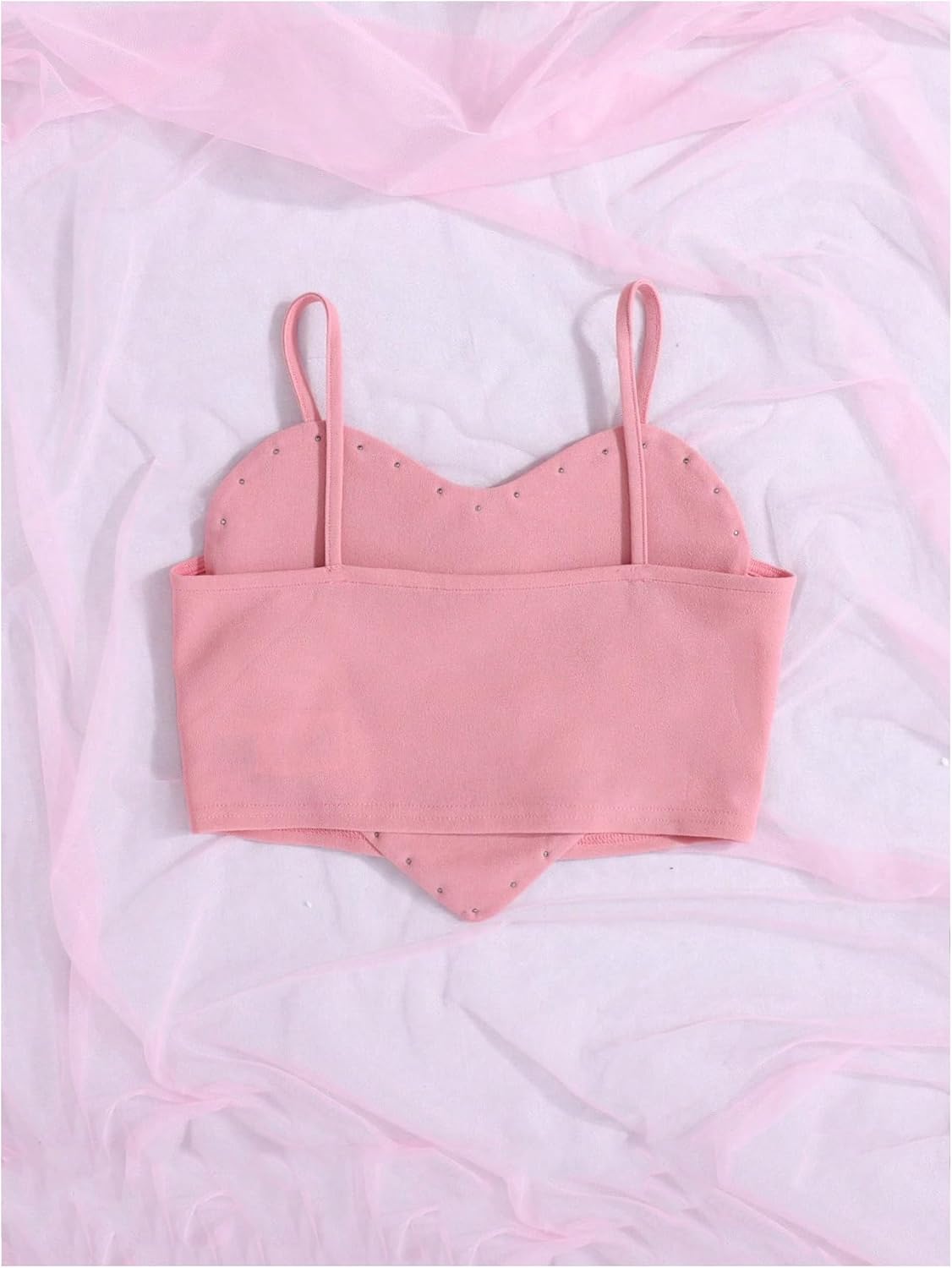 OYOANGLE Girl's Cute Pearl Beaded Spaghetti Strap Cami Top Asymmetrical Hem Slim Fit Crop Tops - Image 2