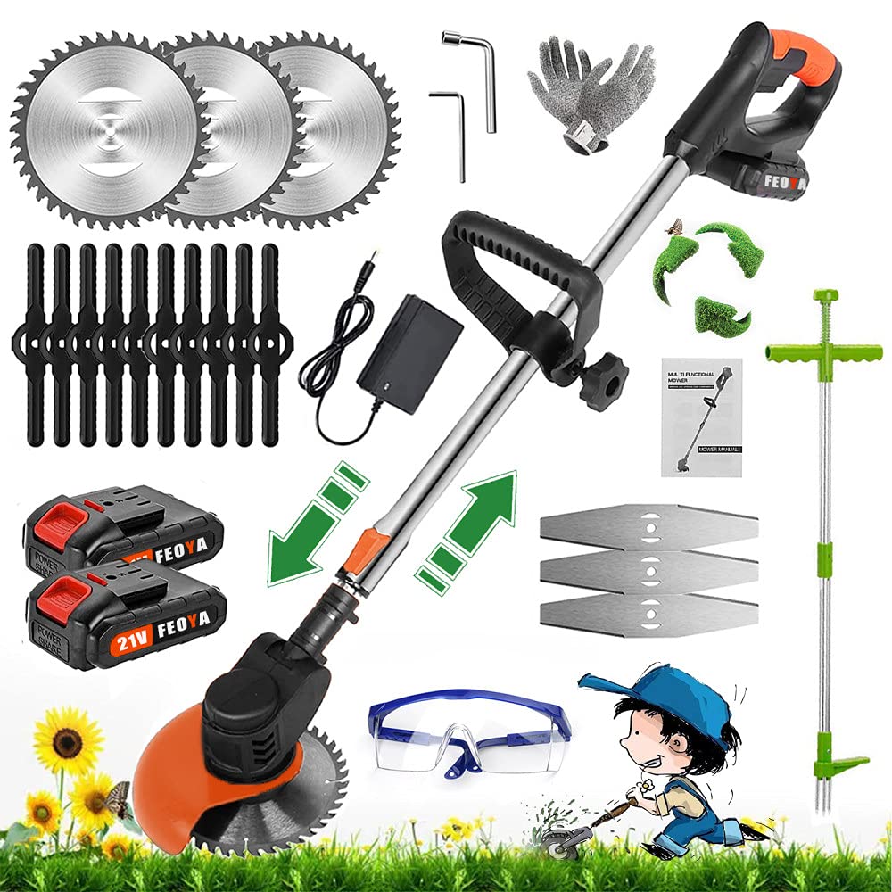 Desbrozadora de batería multifunción 3 en 1 con cortadora de césped eléctrica con desbrozadora Cortacésped Manual con Cabezal Ajustable y Mango telescópico para jardín, césped,21v Black Orange
