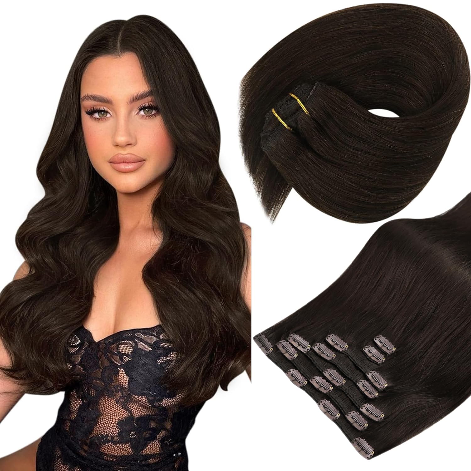 Sunny Hair Clip in Hair Extensions Straight Human Hair Clip in Extensions Remy Clip in Hair Extensions Real Human Hair Extensions Clip ins Dark Brown Hair Extensions 18inch