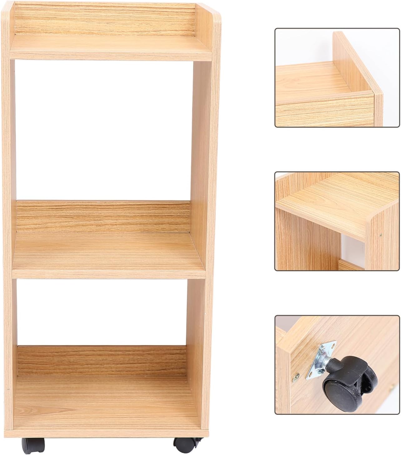 Wooden Moving Storage Shelf with Swivel Wheels, Floor Cabinet Organizer 30x24x66cm, Natural Rubberwood Multi-Layer Rack for Home Storage and Sundries Organization