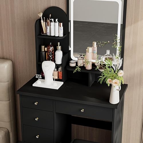 Miniatura 40 de FUFU&GAGA Juego de tocador con espejo rectangular, tocador de maquillaje con 5 cajones, estantes, tocador y taburete acolchado (B blanco/espejo