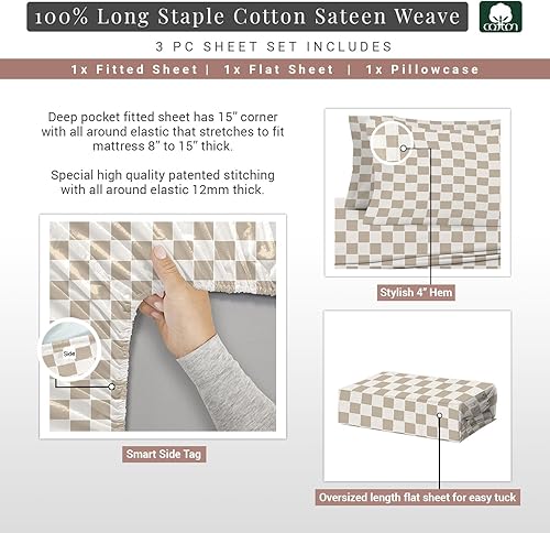 Miniatura 3 de Pizuna Juego de sábanas de algodón tamaño individual con estampado a cuadros, 400 hilos, 100 % de fibra larga, tejido de satén de algodón, 15
