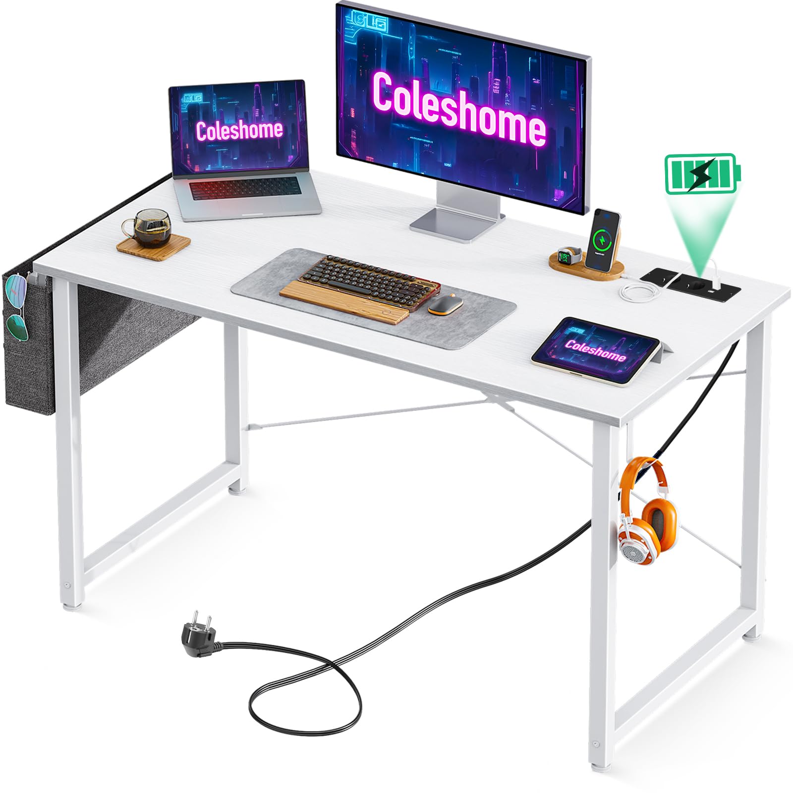 Coleshome Escritorio Pequeño, 100x48cm Mesa Ordenador Blanco con con 2 Tomas de Corriente y 2 Puertos USB de Carga, Mesa de Oficina con Soporte para Auriculares y Bolsa de Almacenaje para Casa