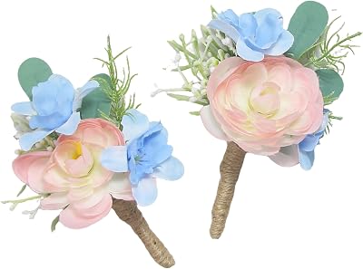 Rinlong 2Pcs Pink Blue Boutonnieres with Pins for Men, Groom, Groomsmen | Wedding, Prom, Homecoming