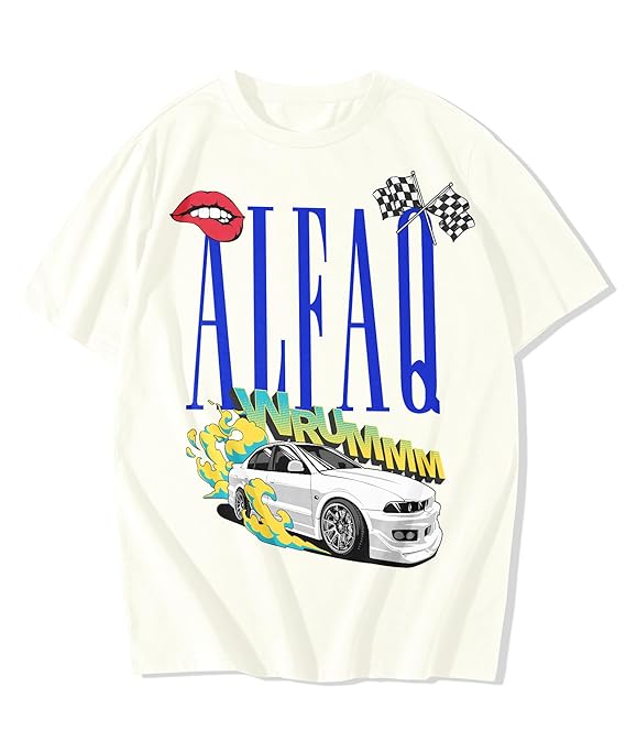 AlfaQ Racing Front Printed Oversized Drop Shoulder T Shirt Streetwear for Men and Women White Color