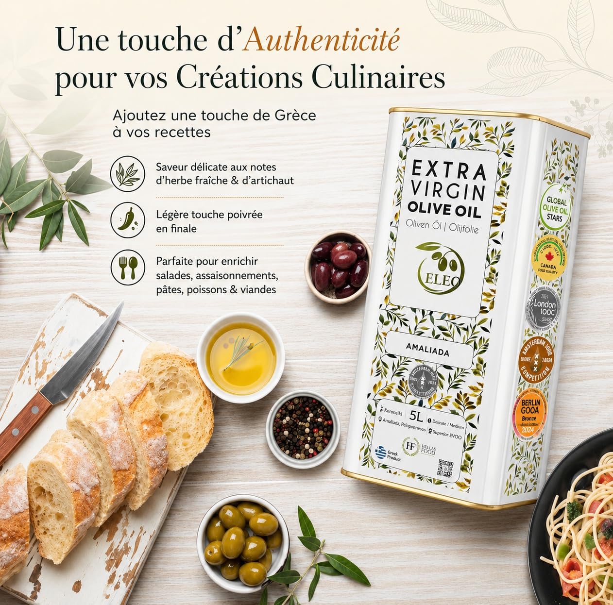 ELEO Amaliada - Huile d’Olive Bidon 5L Extra Viege - Pressée à Froid - 100% Olives Grecques Koroneiki - Qualité Supérieure - Riche en Antioxydants - Lauréat de Médailles Internationales